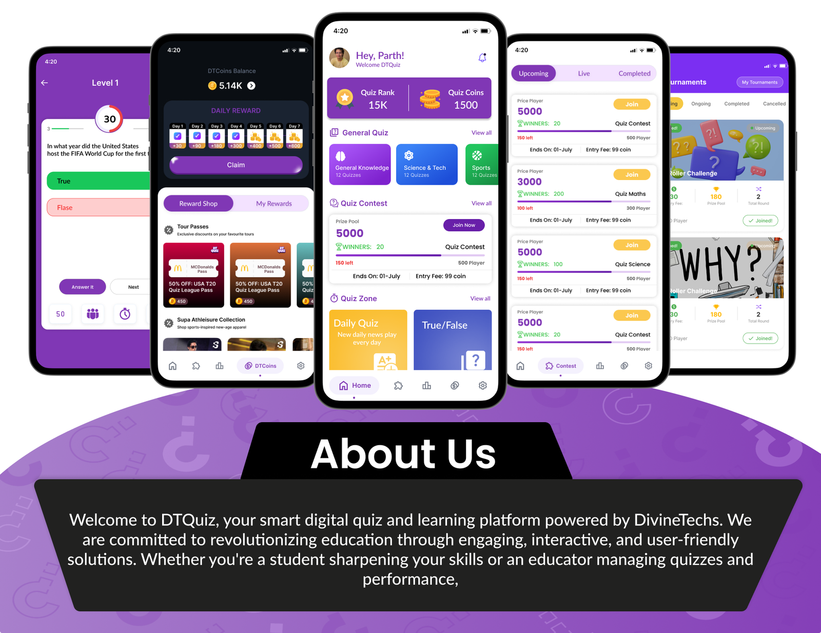 DTQuiz - Flutter Online Quiz & Earn App | Trivia Game with Rewards | Android & iOS | Admin Panel
