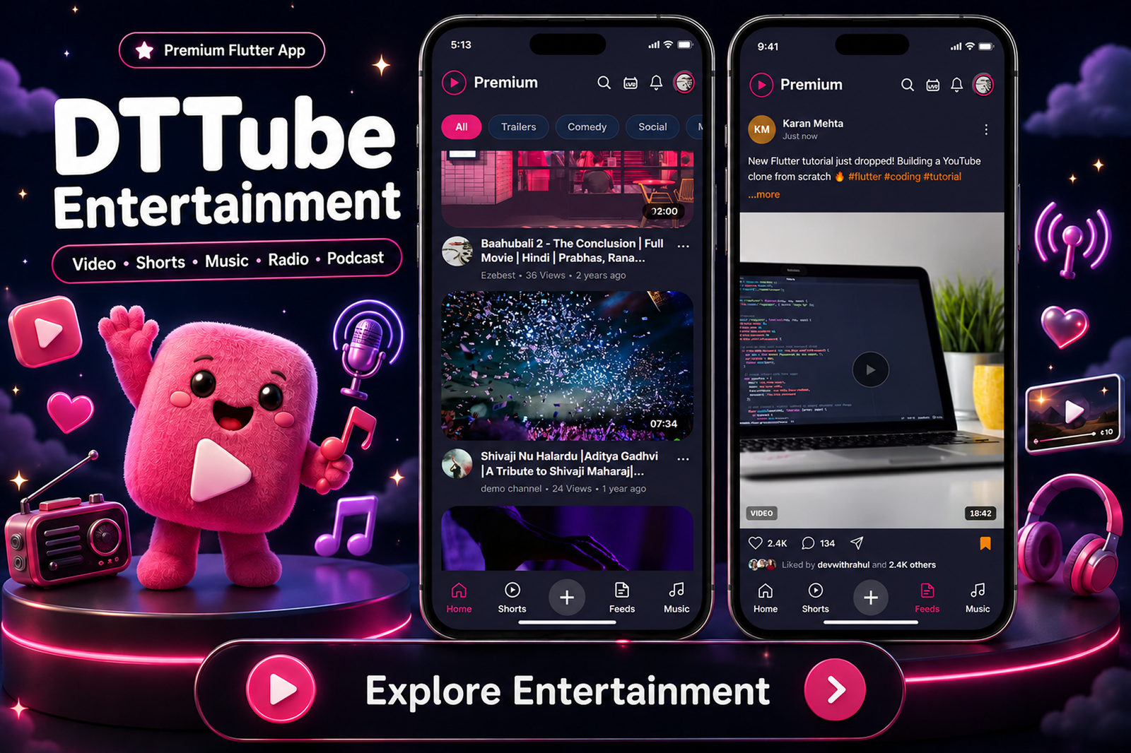 DTTube – Video, Reels, Music, Podcast & Live Streaming Flutter App + NextJS Website + Laravel Admin