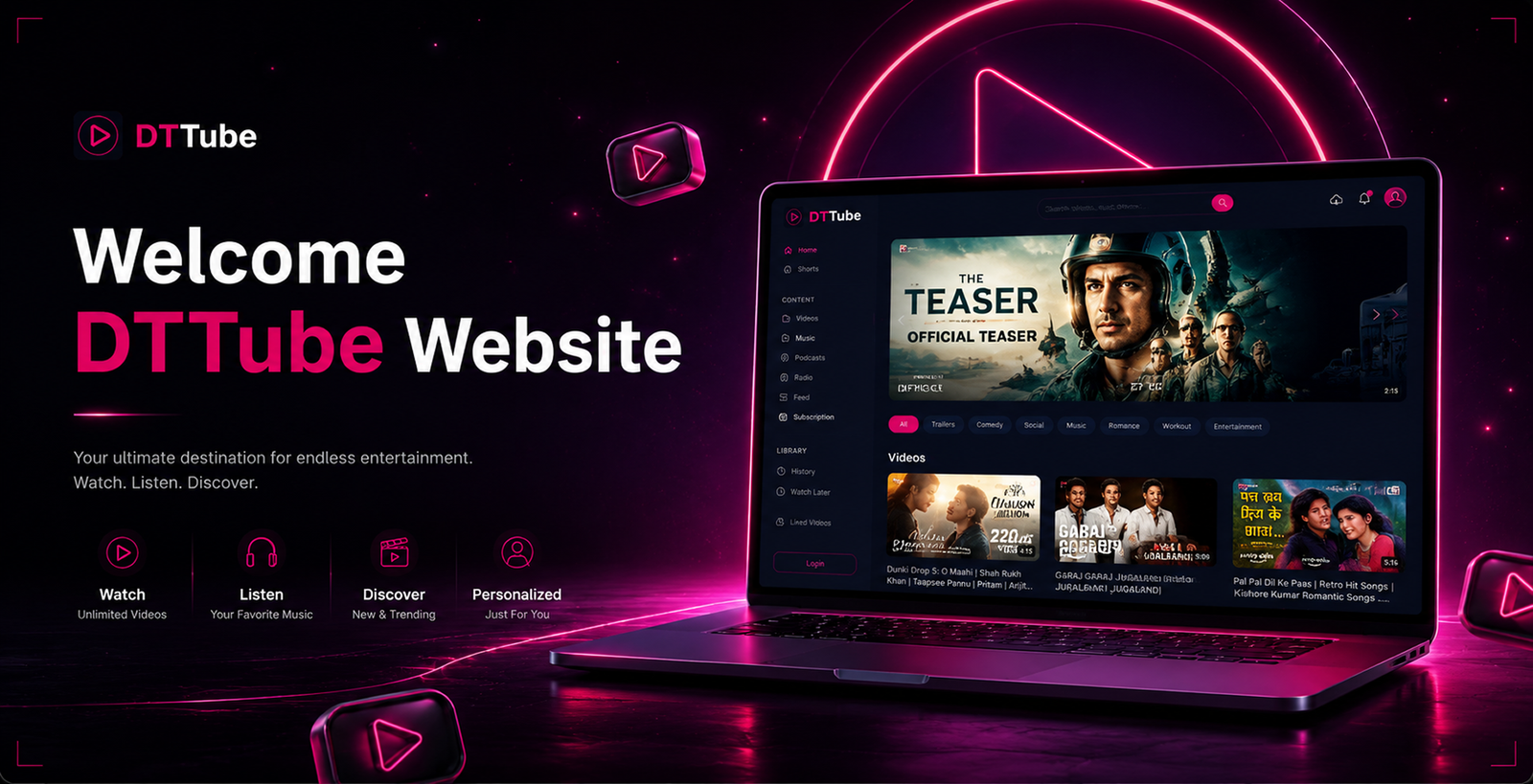 DTTube – Video, Reels, Music, Podcast & Live Streaming Flutter App + NextJS Website + Laravel Admin