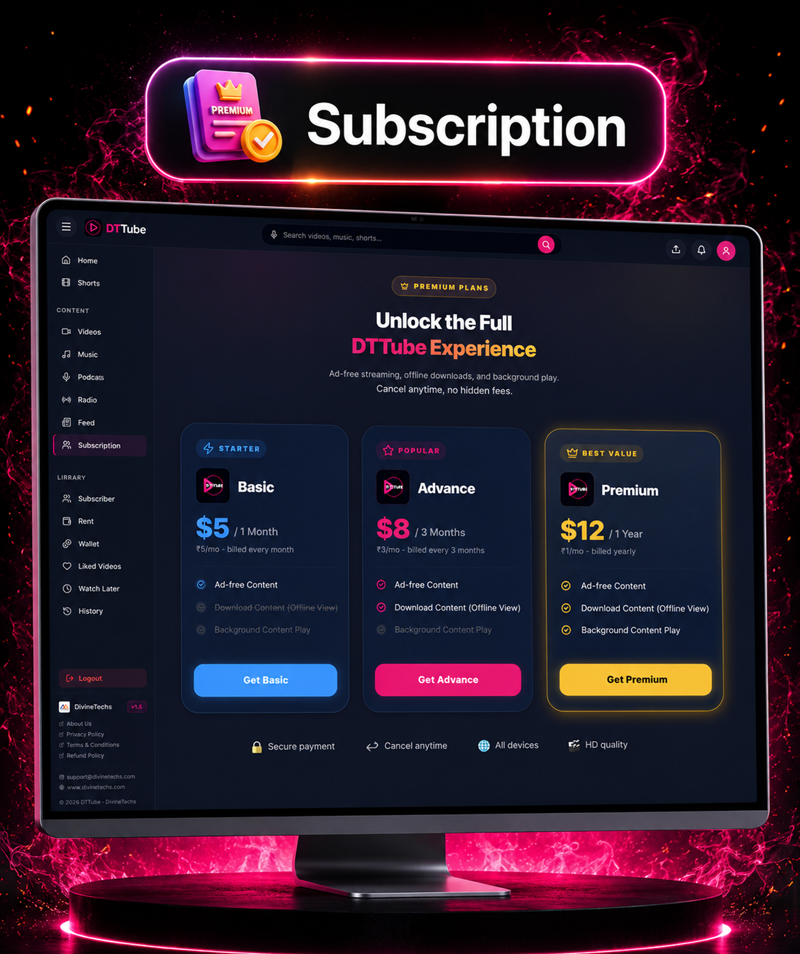 DTTube – Video, Reels, Music, Podcast & Live Streaming Flutter App + NextJS Website + Laravel Admin